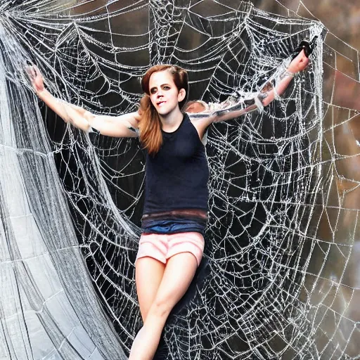 Image similar to emma watson hanging and trapped in a giant spider web with face - covered