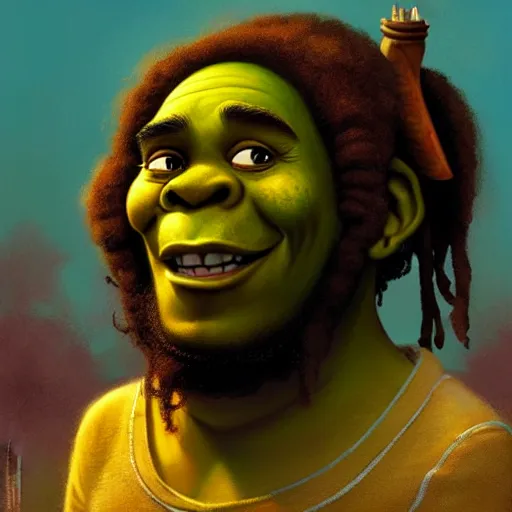 Image similar to shrek as bob marley, brown skin, highly detailed, digital painting, artstation, concept art, sharp focus, illustration, art by greg rutkowski and alphonse mucha