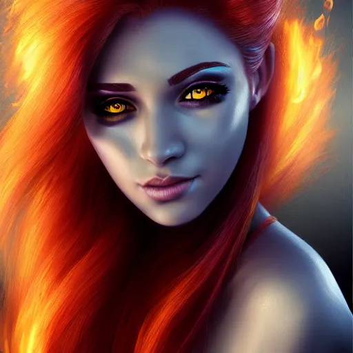 Image similar to a beautiful portrait of a gorgeous female pyromancer with flaming hair, digital art, photorealistic, intricate detail