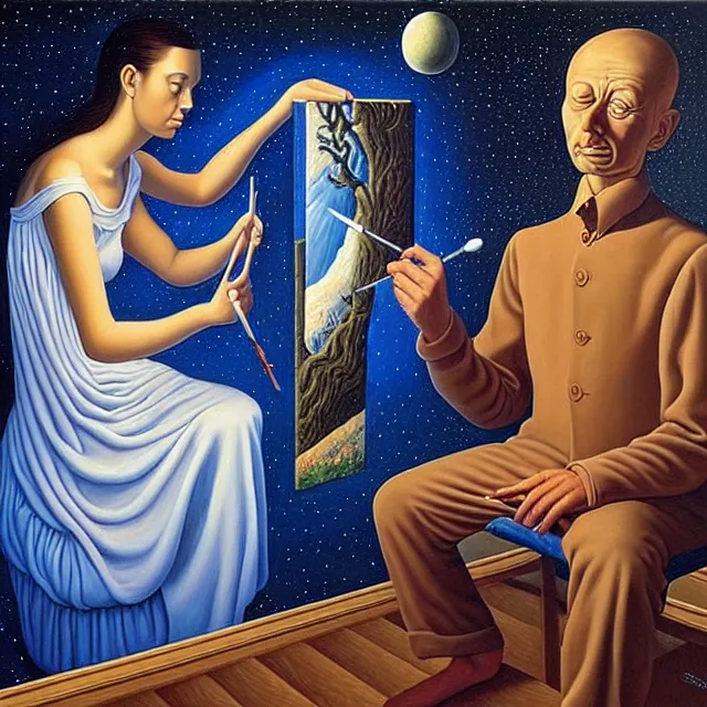 Image similar to an oil on canvas portrait of a man painting a portrait of a beautiful woman, surrealism, surrealist, cosmic horror, rob gonsalves, high detail