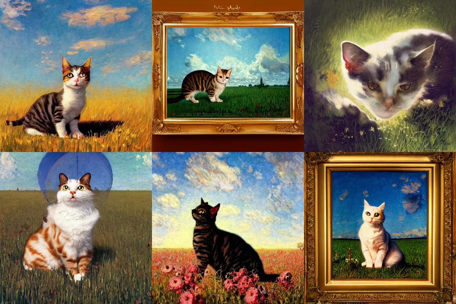 Prompt: A painting of a cat under the sky in a field, by (Norman Rockwell, Leonardo da Vinci, Ross Tran, Claude Monet), Trending on Artstation