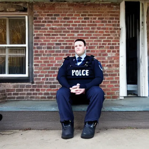 Image similar to clean - shaven chubby chubby chubby 3 2 year old caucasian man from uk. he is wearing navy police sweater and necktie and black boots and police helmet. he is sitting on the porch of his house at night.