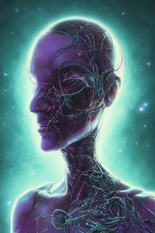 Prompt: the eternal machine with a beautiful possessed female android fused with lovecraft, cosmic entity, the thing, the blob, cable wires as hair, ghostly, holes in the lower jaw, gnarly, portrait, intricate details, by vincent di fate, artgerm, julie bell, beeple and Greg Rutkowski, 80s, concept, Smooth gradients, octane render, 8k, High contrast, duo tone, depth of field, very coherent symmetrical artwork