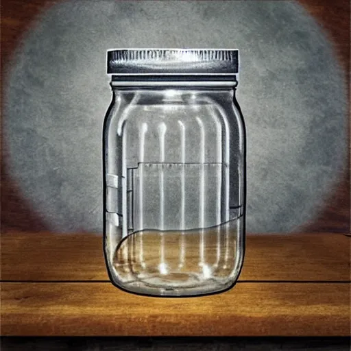 Prompt: Castle in the Sky style by brunelleschi inside of a glass mason jar, on a wooden desk