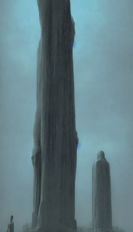 Image similar to painting of omniscient tall statues of gods towering above a hopeless person, by zdzislaw beksinski, by dariusz zawadzki, by wayne barlowe, gothic, surrealism, cosmic horror, lovecraftian, cold hue's, warm tone gradient background, concept art, beautiful composition