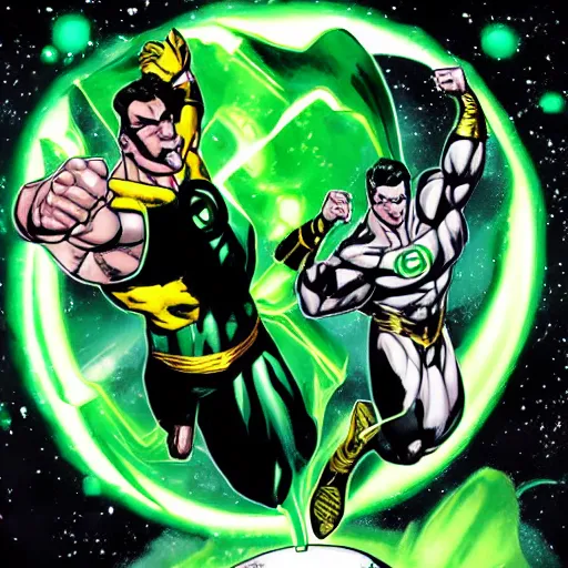 Prompt: Green Lantern fighting in space with Black Adam, comic style, planets on the background, dramatic, dark lighting, HQ