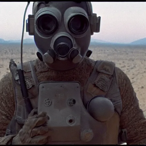 Prompt: a heavily armored man wearing a gasmask walking through a desert, coral in background, film still, arriflex 3 5