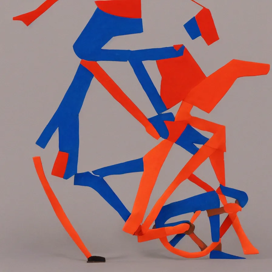 Image similar to clay sculpture of a silhouette of a fast cyclist in a minimalist collage of geometric shapes, tetrachromacy, primary colors, in the style of ikko tanaka, japanese graphic design, 1 9 9 0