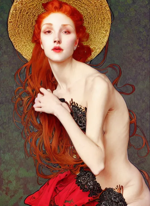 Image similar to a highly detailed illustration of tall beautiful red haired lady wearing black spaghetti strap dress and sun hat, elegant pose, perfect face, perfect body, perfect eyes, by alphonse mucha, intricate, elegant, highly detailed, centered, digital painting, artstation, concept art, smooth, sharp focus, league of legends concept art, wlop.