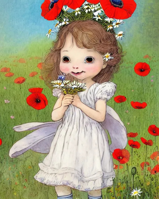 Image similar to a storybook illustration painting of a smiling happy cute bunny wearing a flower crown, daisies and poppies, by antoine de saint - exupery and annabel kidston and naomi okubo and jean - baptiste monge. a child storybook illustration, muted colors, soft colors, low saturation, fine lines, white paper