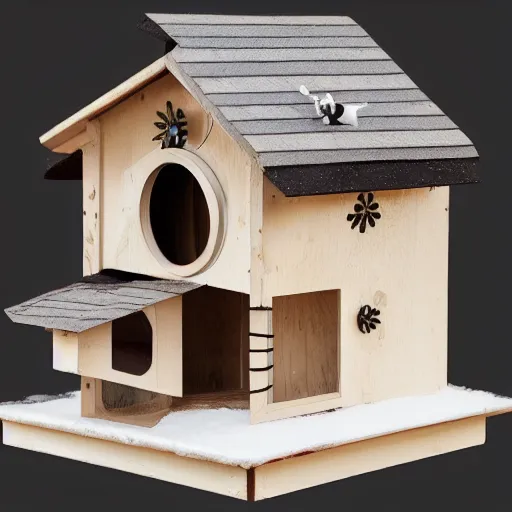 Prompt: a cat house that looks like a swiss style cuckoo clock, hd, 8k, high detail