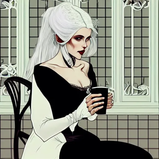 Prompt: a beautiful woman with white hair wearing a black dress is sitting at a table drinking a cup of tea, skeleton guests dressed in victorian costumes, beautiful face, beautiful eyes, elegant, beautiful, natural light, trending on artstation, style artgerm, joshua middleton and alphonse mucha