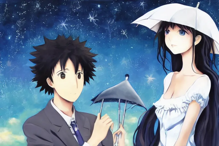 Prompt: mayuri shiina from steins gate, beautiful anime, oil painting, holding a umbrella, watching the stars, cuta anime, in blue dress, with okabe rintarou