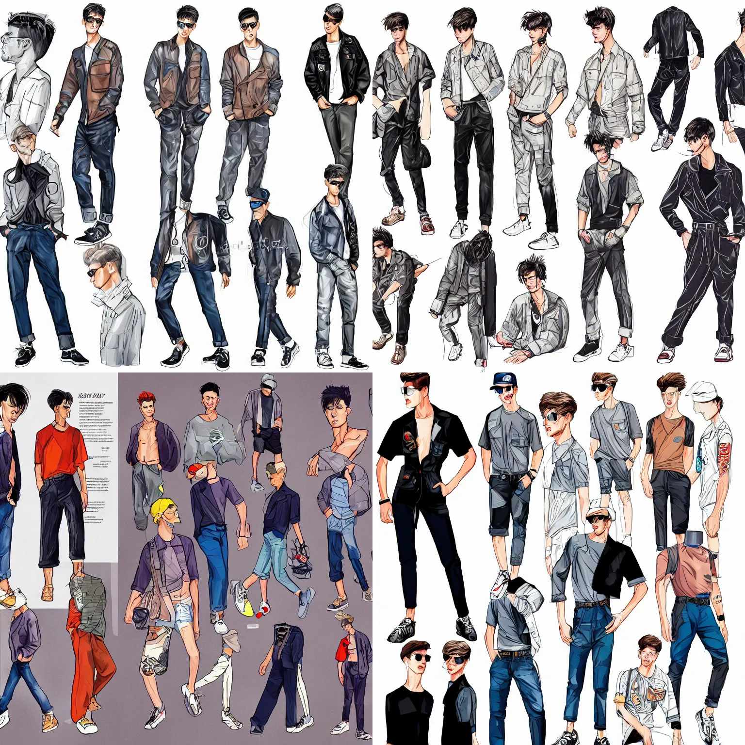 Prompt: digital smooth illustration male 90s inspired street fashion character reference sheet in high quality with bright values and photographic details, arstation, clear face, realistic proportions, full body,