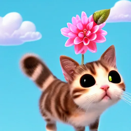 Prompt: very cute and tiny cat with one horn portrait, sitting on a Dahlia flower and flying on a pink cloud, sky background, pixar style, cinematic lightning