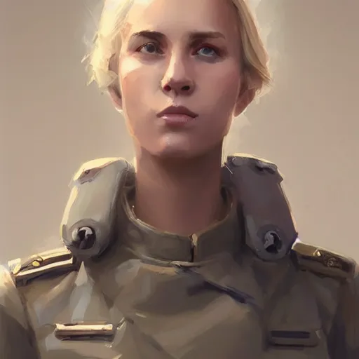 Image similar to Portrait of a woman by Greg Rutkowski, she is about 20 years old, athletic tomboy, attractive, military composure, short blonde hair, russian, she is wearing futuristic military fatigues, highly detailed portrait, digital painting, artstation, concept art, smooth, sharp foccus ilustration, Artstation HQ.