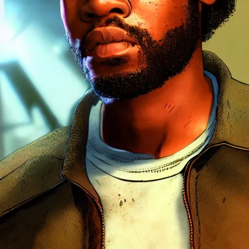 Image similar to portrait art of lee everett from game the walking dead by telltale games, 8 k ultra realistic, lens flare, atmosphere, glow, detailed, intricate, full of colour, led lighting, 4 k, hyperrealistic, focused, extreme details, unreal engine 5, masterpiece