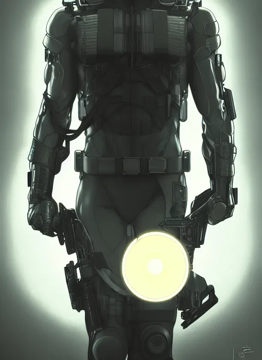 Image similar to symmetry!! portrait of solid snake, metal gear solid, tech wear, glowing lights!! intricate, elegant, highly detailed, digital painting, artstation, concept art, smooth, sharp focus, illustration, art by artgerm and greg rutkowski and alphonse mucha