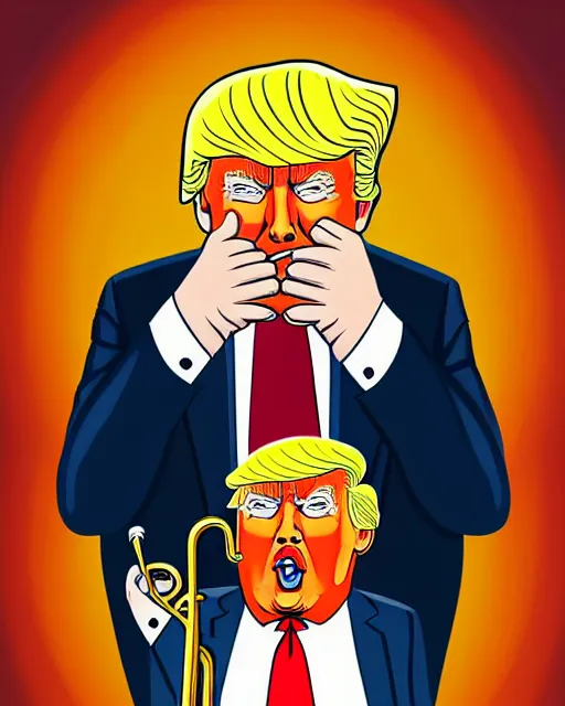 Prompt: painting portrait of trump with trumpet hair, cartoon, warm lighting, trump has hair as a trumpet, trumps hair is coming out as trumpet. movie poster, illustration by bartek fedyczak, erak note, tooth wu, neil richards, kan liu, siwoo kim, jisu choe, trending on art station