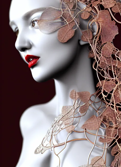 Image similar to complex 3d render ultra detailed of a beautiful porcelain profile woman face, mechanical cyborg, silver gold details, 150 mm, beautiful natural soft light, rim light, ghost orchid big leaves and stems, roots, fine foliage lace, maze like, mesh wire, intricate details, hyperrealistic, ultra detailed, red lips, mandelbrot fractal, anatomical, white metal neocubism armor, facial muscles, cable wires, microchip, elegant, octane render, H.R. Giger style, 8k