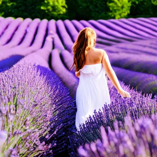 Image similar to a beautiful woman walking through a lavender field , cinematic, 8k, glowing