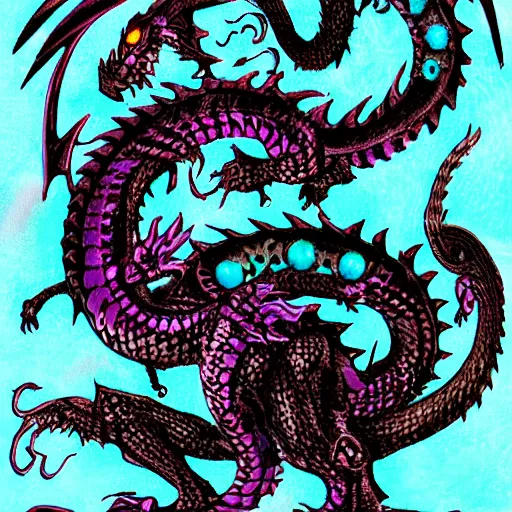 Prompt: black dragon with cyan runes and brightly glowing purple eyes