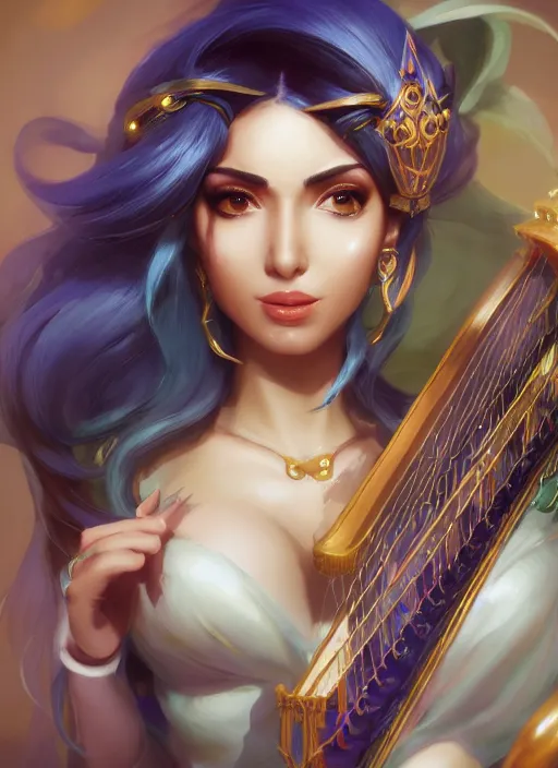 Image similar to sona, from league of legends, with an harp, hyper detailed, digital art, trending in artstation, cinematic lighting, studio quality, smooth render, unreal engine 5 rendered, octane rendered, art style by klimt and nixeu and ian sprigger and wlop and krenz cushart