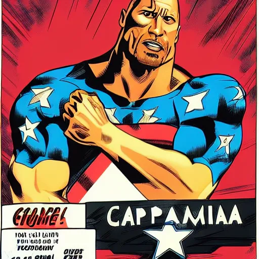 Image similar to dwayne johnson as captain america posing for a cover of a comic book, in the style of a colored comic book, highly detailed, precise, high definition