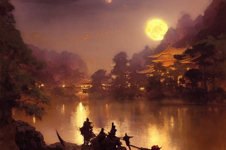 Prompt: wuxia, moon, river, night, painting by gaston bussiere, craig mullins, j. c. leyendecker