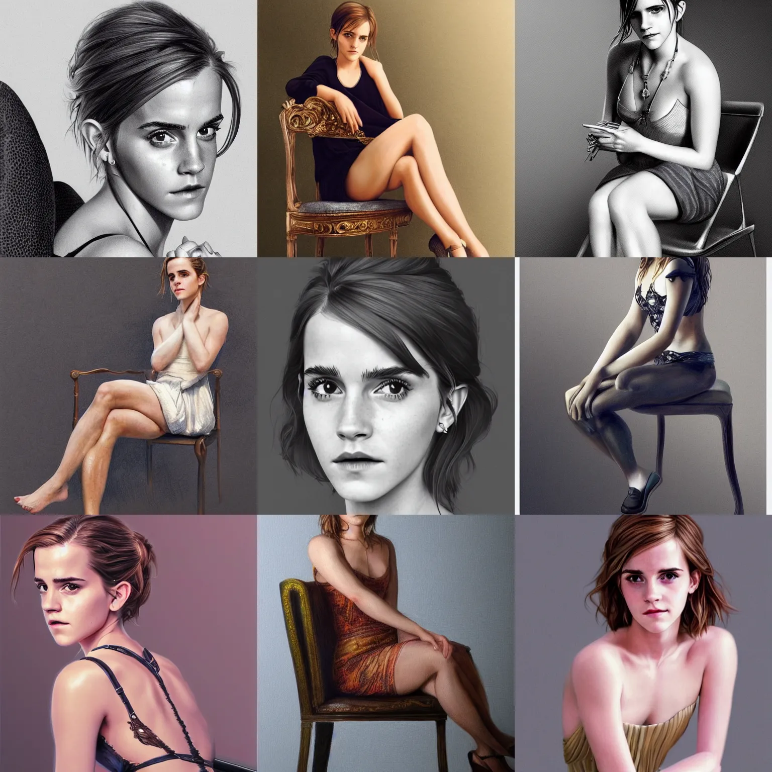 Prompt: 8k Photorealistic Portrait of Emma Watson sitting on a chair, intricate upper body, highly detailed, digital painting, artstation, concept art, smooth, sharp focus, illustration, art by Hajime Sorayama