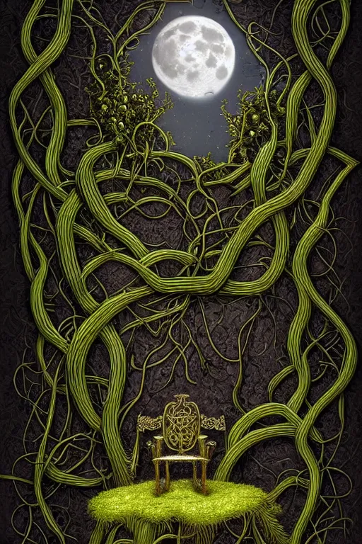 Prompt: a beautiful digital illustration painting of a detailed gothic fantasy full moon and roots, throne chair and vines by by benoit b. mandelbrot, howard arkley. 8 k resolution trending on artstation concept art digital illustration