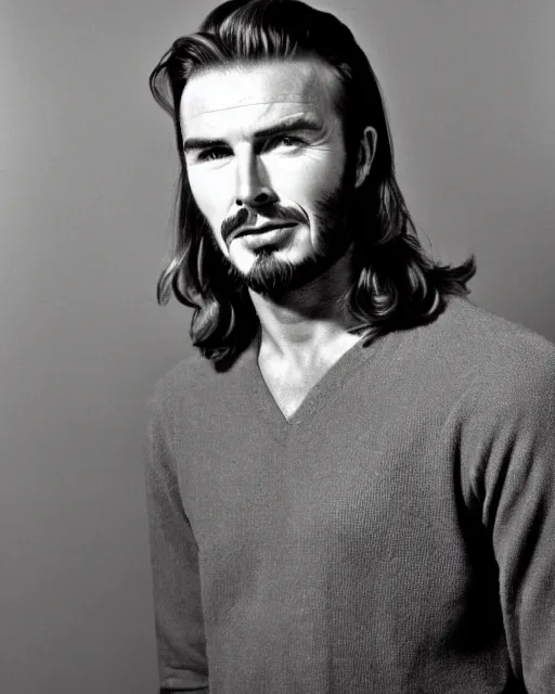 Image similar to a portrait of a 1 9 6 0 s hippie looking like david beckham