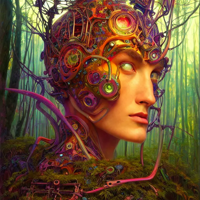 Image similar to bright psychedelic portrait of giant organic cyborg over an ancient forest, diffuse lighting, fantasy, intricate, elegant, highly detailed, lifelike, photorealistic, digital painting, artstation, illustration, concept art, smooth, sharp focus, art by John Collier and Albert Aublet and Krenz Cushart and Artem Demura and Alphonse Mucha