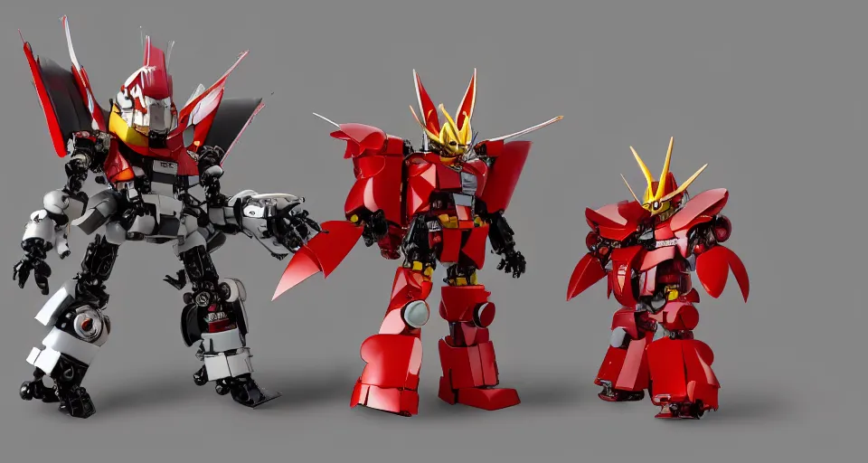 Image similar to a gachapon collection of several super - deformed chibi mecha robot lego, mazinger, getter robo, gurenn lagann, by hajime katoki, plastic toy, product photo, realistic, symmetrical, octane render, wideshot