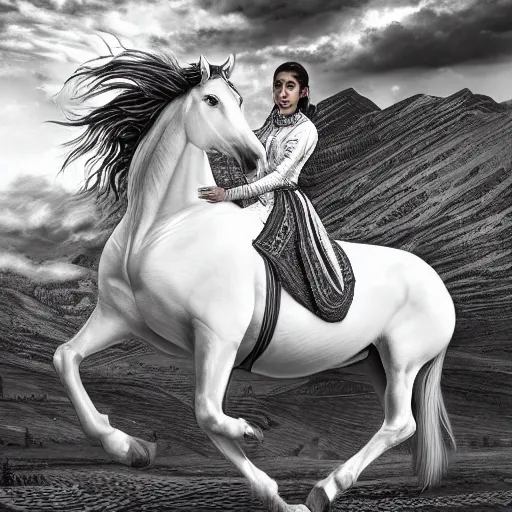 Image similar to full body shot of a beautiful young kurdish woman riding a beautiful white horse in the kurdish mountains art by martin ansin, highly detailed, 8 k, high resolution, award winning art, incredibly intricate, beautiful and symmetrical face