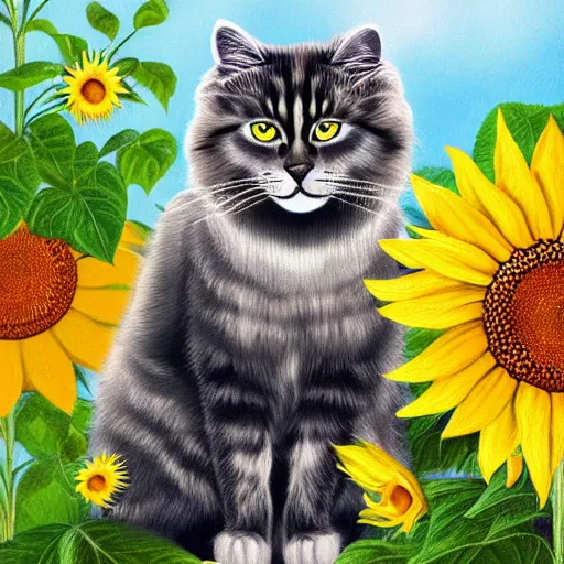 Image similar to Detailed furry silver Siberian cat kissing a black cat with sunflower background, digital art