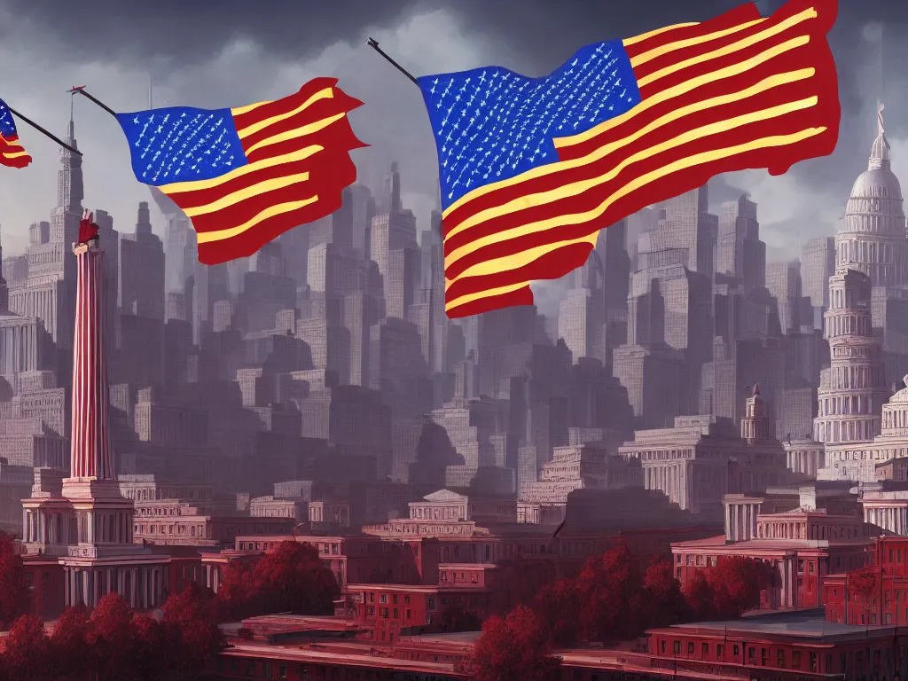 Image similar to landscape matte painting of a communist american state capital showing the triumph of communism in america, socialist american state flags, socialist statues, digital painting, modern city scape, conflict, camaraderie, sacrifice, hope, highly detailed, 4 k, artstation, photorealistic, architecture, america 2 0 9 8 by fan wennan