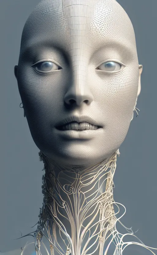 Image similar to complex 3d render of a beautiful porcelain profile woman face, vegetal dragon cyborg, 150 mm, beautiful natural soft light, rim light, silver gold details, magnolia leaves and stems, roots, fine lace, maze like, mandelbot fractal, anatomical, facial muscles, cable wires, microchip, elegant, highly detailed, white metallic armour, octane render, black and white, H.R. Giger style