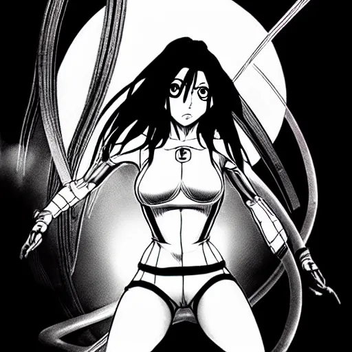 Image similar to alita by yukito kishiro. medium shot. black and white manga. pencil drawing.