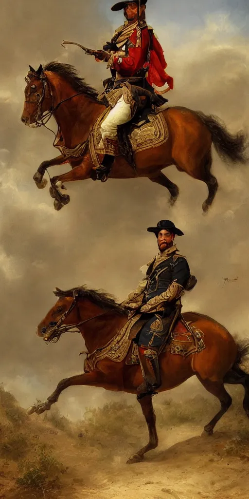 Prompt: Highly detailed and cinematic romantic period oil painting of a single Arabian soldier riding a rearing horse, strong atmosphere, oil painting masterpiece by Josep Tapiró Baró, RPG portrait, no repetition!!, dynamic lighting, 8K