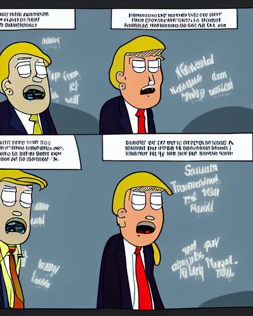 Prompt: donald trump in the style of justin roiland, cinematic lighting, style of rick & morty, photographic, photography. by justin roiland