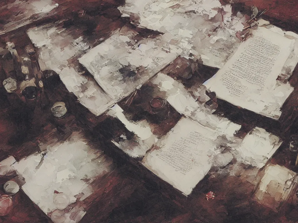 Prompt: detailed painting of a book bleeding ink onto a desk, by John Howe and Krenz Cushart
