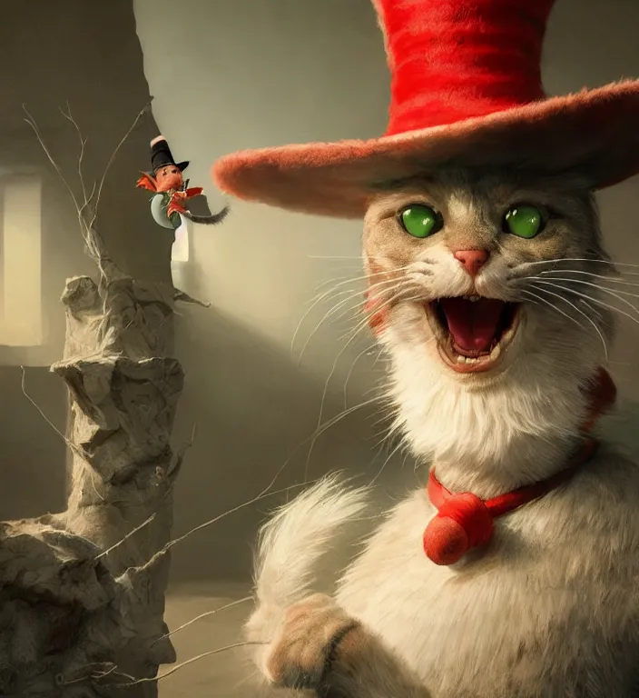 Image similar to complex 3 d render, hyper detailed, ultra sharp, of the cat in the hat, scary, cinematic, natural soft light, rim light, octane render, art by greg rutkowski and craig mullins and artgerm, dr seuss