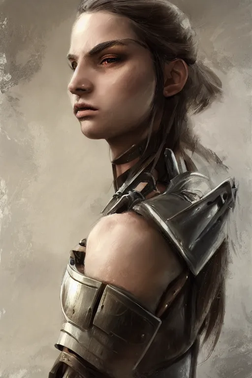 Image similar to a photorealistic painting of an attractive young girl, partially clothed in battle armor, olive skin, long dark hair, beautiful bone structure, perfect eyes, symmetrical facial features, intricate, elegant, digital painting, concept art, illustration, sharp focus, minimal artifacts, 8k, from Metal Gear, in the style of Ruan Jia and Mandy Jurgens, by Greg Rutkowski, trending on Artstation, award winning