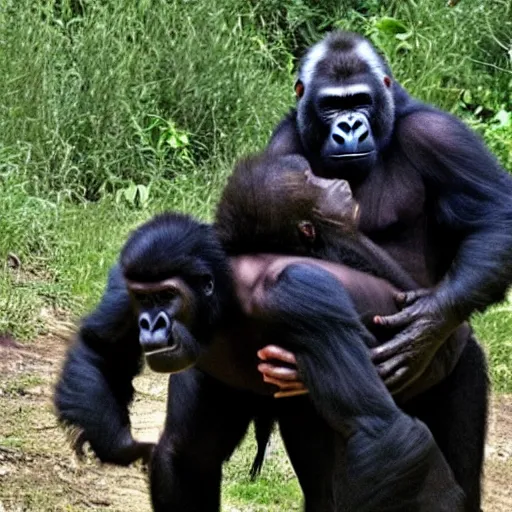 Prompt: joe rogan riding a silverback gorilla