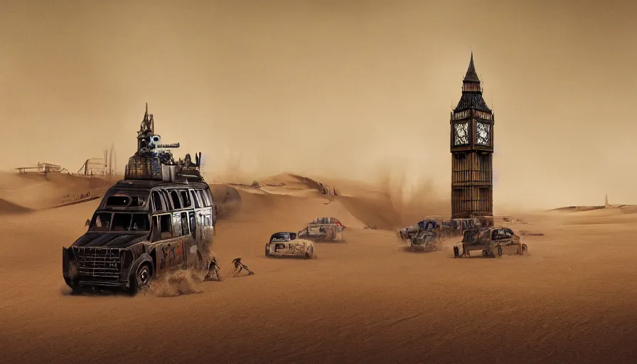 Image similar to london's big ben in mad max, tons of sand, sandstorm, sand dunes, hyperdetailed, artstation, cgsociety, 8 k