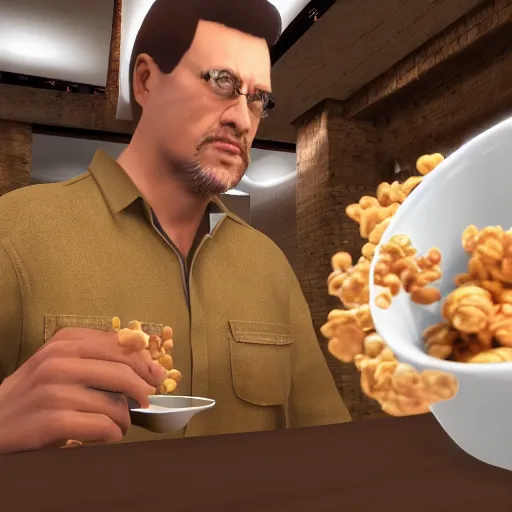 Image similar to jc denton from deus ex eats cereal at a table, liberty island, high quality, photorealistic, highly detailed face, smooth, sharp focus, 4 k, hd