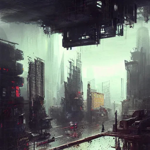 Prompt: Modern apocalyptic cyberpunk city by Greg Rutkowski, asymmetrical, realistic painting, dark vibes, nightmare, geometric shapes, hard edges, china town, synth wave, trending on the artstation:2 by Greg Rutkowski:4