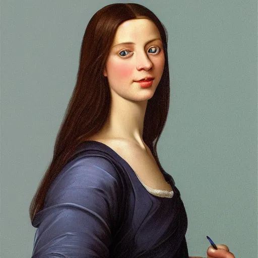 Image similar to full body portrait of a beautiful woman with blue eyes, gentle round face, with a bright smile, long dark hair, dark background, highly detailed, deep focus, elegant, digital painting, smooth, sharp focus, golden ratio, illustration, ultra realistic, 8 k, art by artemisia lomi gentileschi and caravaggio