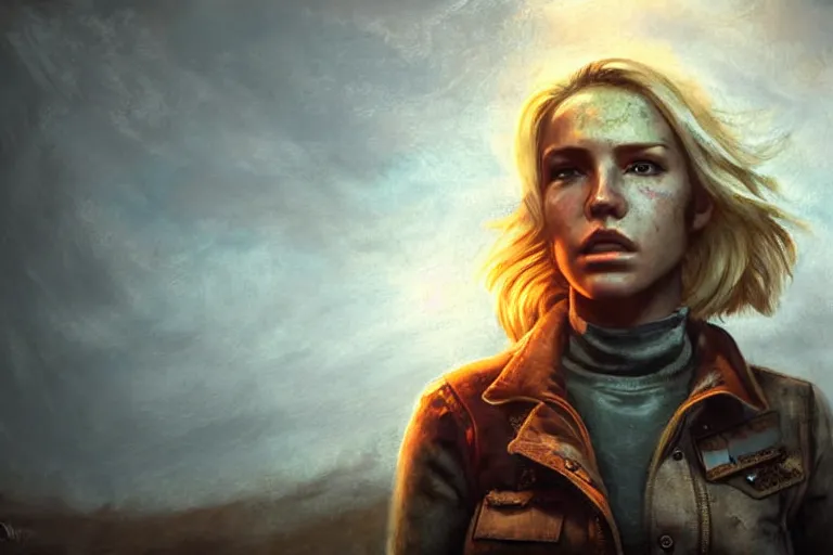 Image similar to fallout 5, charismatic beautiful rugged blonde female protagonist, portrait, outdoors alaskan wilderenis, atmospheric lighting, painted, intricate, volumetric lighting, beautiful, daytime, autumn, overcast weather, foggy, sharp focus, desaturated colours, ultra detailed, art by william turner